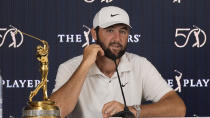 Scottie Scheffler speaks to the media after winning The Players Championship golf tournament Sunday, March 17, 2024, in Ponte Vedra Beach, Fla. (AP Photo/Marta Lavandier)