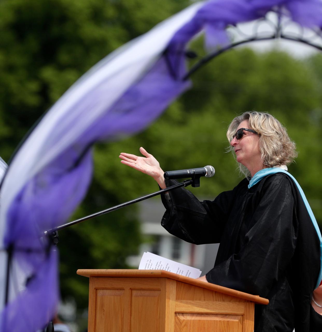 Vicki Bayer, interim superintendent, speaks during the Green Bay West High School graduation ceremony on June 3, 2023, in Green Bay, Wis.