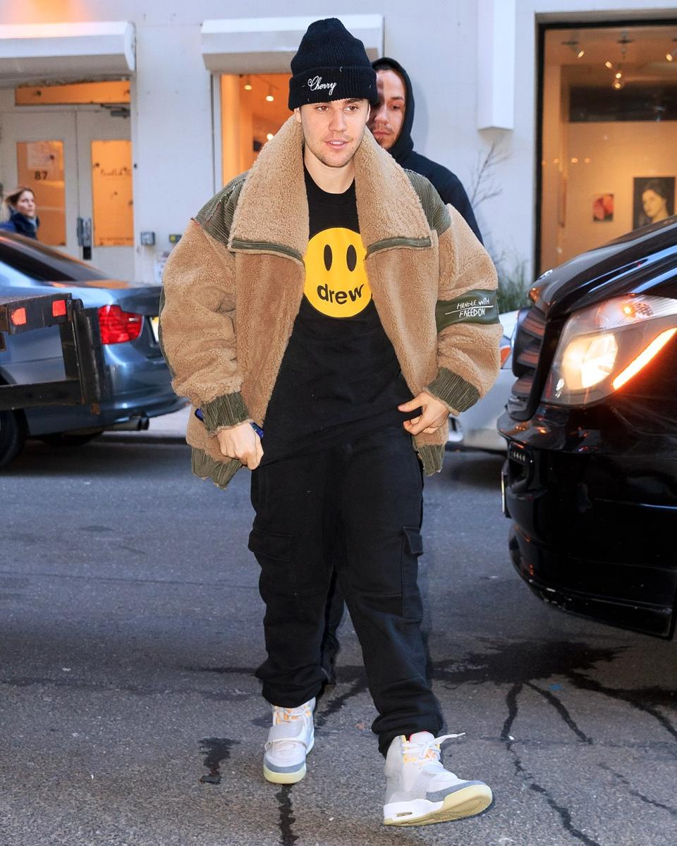 Justin Bieber with a serious flex: his own sold-out clothing line and a pair of long-gone Nike Air Yeezys.