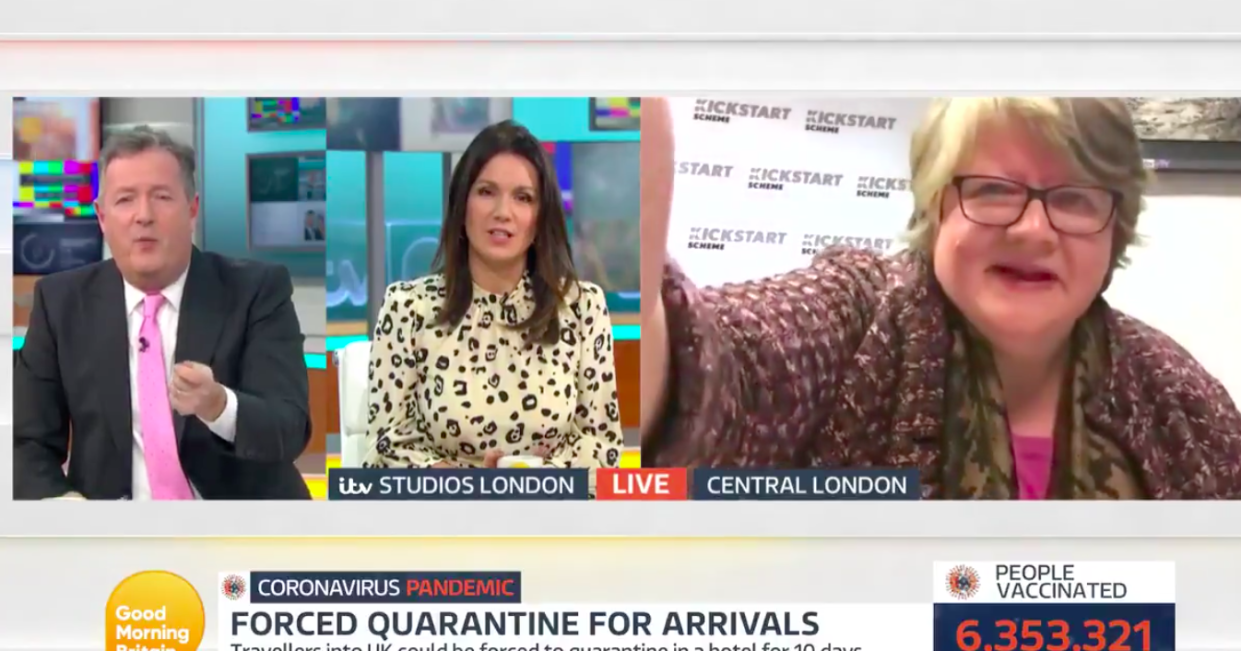 Work and pensions secretary Therese Coffey, right, had been engaged in a heated interview with Good Morning Britain's Piers Morgan and Susanna Reid. (ITV)