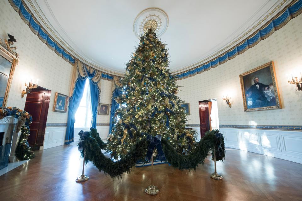 <p>The White House Christmas Tree is seen in the Blue Room during a preview of holiday decorations at the White House in Washington, D.C., Nov. 27, 2017. (Photo: Saul Loeb/AFP/Getty Images) </p>