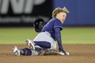 Tampa Bay Rays' Taylor Walls slides in safely with a double for his first major league career hit during the fifth inning of a baseball game against the Toronto Blue Jays, Saturday, May 22, 2021, in Dunedin, Fla. (AP Photo/Mike Carlson)