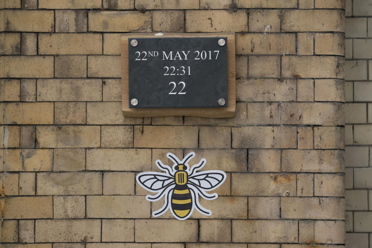 MANCHESTER, UNITED KINGDOM - May 22, 2020 -- A tribute is seen memorizing the Manchester Arena attack in Manchester, England, May 22, 2020.   Manchester on Friday marked the third anniversary of the terrorist attack which killed 22 people and injured hundreds. The attack happened when Salman Abedi detonated a bomb at the end of a concert by U.S. pop singer Ariana Grande on May 22, 2017. (Photo by Jon Super/Xinhua via Getty) (Xinhua/Jon Super via Getty Images)