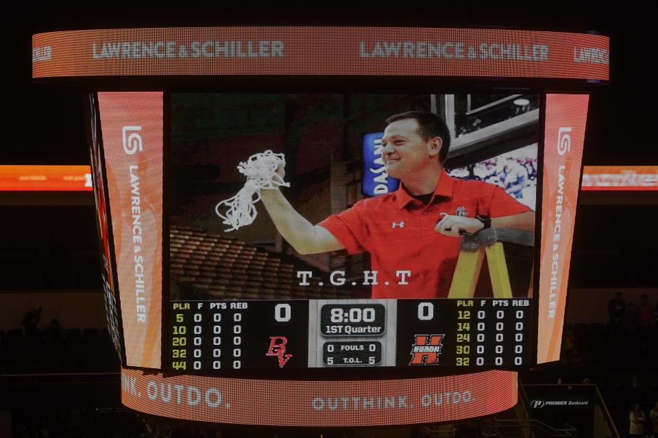 Denny Sanford Premier Center jumbotron displays an image in honor of Brandon Valley's former coach Brent Deckert on Thursday, March 14, 2024 at Denny Sanford Premier Center in Sioux Falls.