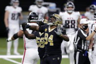 New Orleans Saints defensive end Cameron Jordan (94) celebrates his sack in the first half of an NFL football game against the Atlanta Falcons in New Orleans, Sunday, Nov. 22, 2020. (AP Photo/Brett Duke)