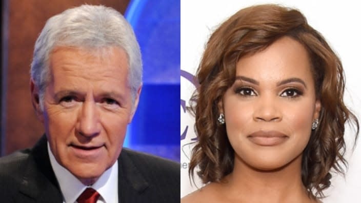 Late “Jeopardy!” legend Alex Trebek (left) reportedly wanted Laura Coates (right) to replace him at the game show’s host. (Photo by Amanda Edwards/Getty Images)