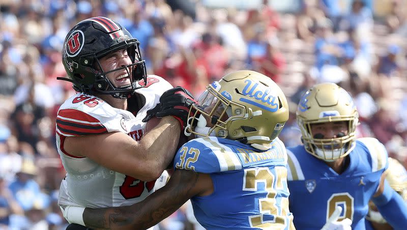Utah tight end Dalton Kincaid fights for yardage during a game against UCLA at the Rose Bowl in Pasadena, California, on Saturday, Oct. 8, 2022. Dalton is expected to go in the first round of this week’s NFL draft.