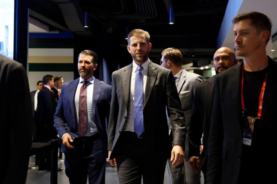 Eric Trump, flanked by brother Donald Trump Jr on the left, attends the 2024 RNC convention in Milwaukee where anti-abortion Republicans are livid about changes to the GOP platform. (Getty Images)
