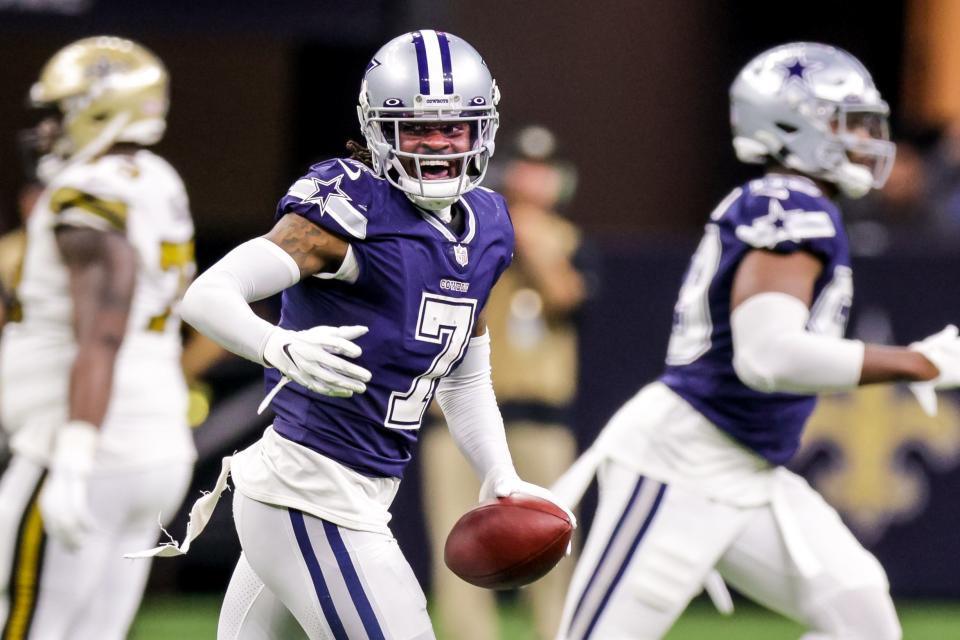 Dallas cornerback Trevon Diggs celebrates one of his league-leading 11 interceptions against the New Orleans Saints in 2021. The two-time Pro Bowler was the special guest speaker at Wednesday's Austin High School Sports Awards show at the Long Center.