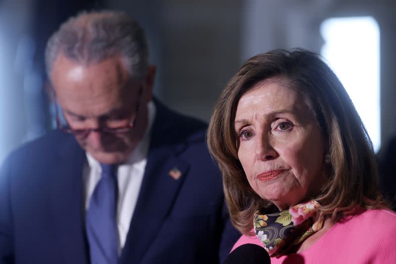 FILE PHOTO: U.S. House Speaker Pelosi and Senate Minority Leader Chuck Schumer (D-NY) speak to reporters after their coronavirus relief negotiations with Mnuchin and Meadows at the U.S. Capitol in Washington