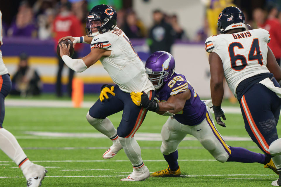 Justin Fields was under pressure from the Minnesota defense on Monday night, and for at least one team it dealt them a fantasy football bad beat. (Photo by Todd Rosenberg/Getty Images)