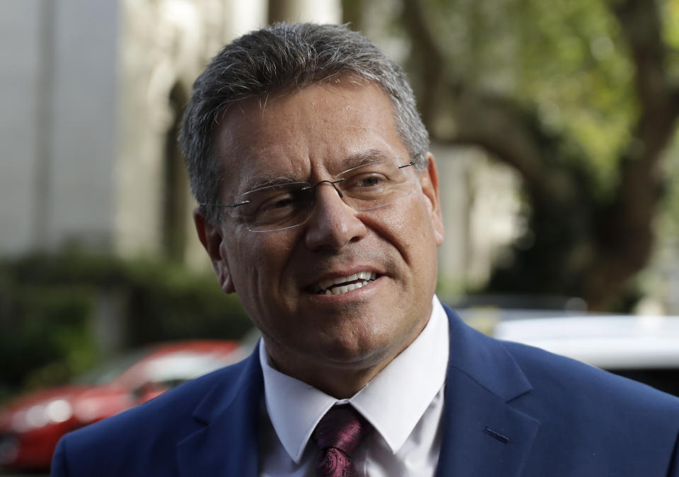 European Commission Vice President Maros Sefcovic arrives at the Europa house in London, Thursday, Sept. 10, 2020. UK and EU officials have their eighth round of Brexit negotiations in London. (AP Photo/Matt Dunham)