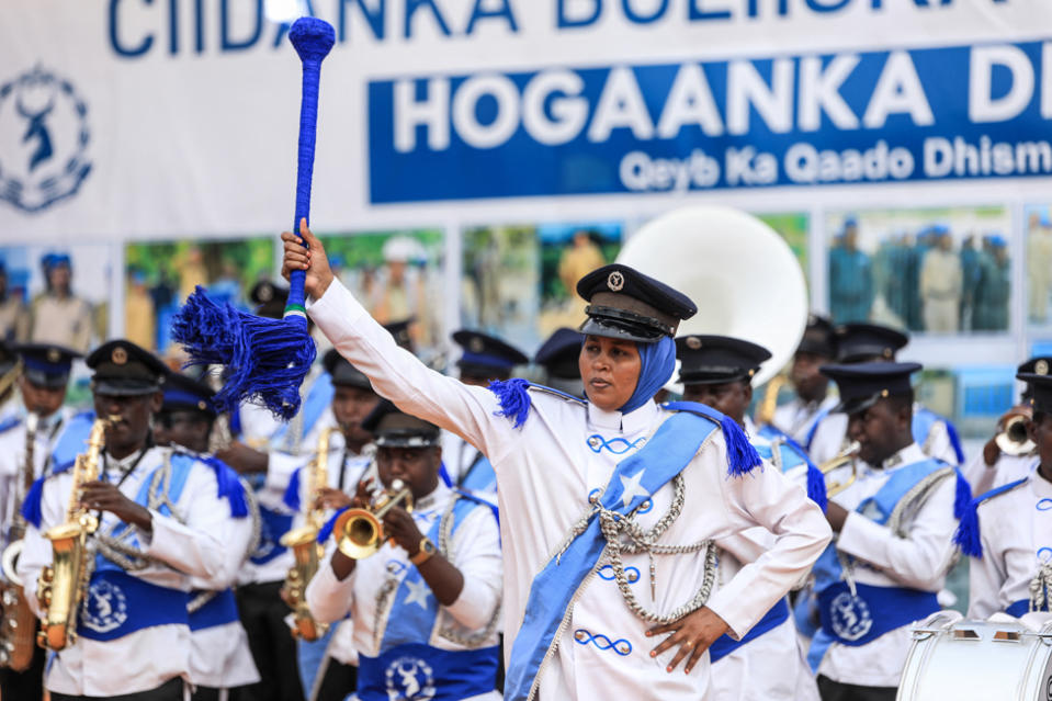 Members of the Somali Police Band march during a ceremony to mark the 80th anniversary of the Somali Police Force at the Scuola Policia in Mogadishu on December 20, 2023.