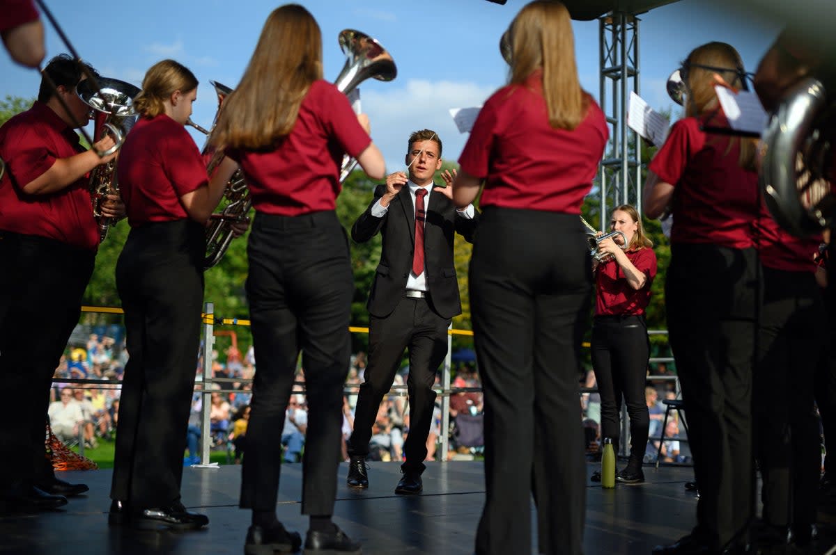 Members of Wardle Anderson Brass Band perform at the Autumn Leaves Band Contest held in the village of Greenfield, near Oldham, North-West England on September 5, 2021 (Oli Scarff/AFP via Getty Images)