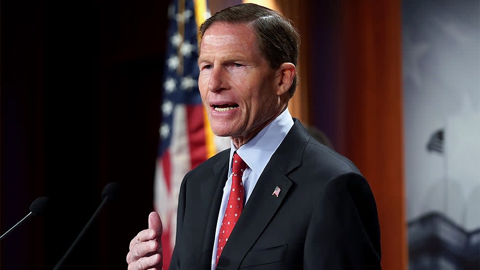 Sen. Richard Blumenthal (D-Conn.) addresses reporters during a press conference on Wednesday, December 8, 2021 to discuss the Military Justice Improvement and Increasing Prevention Act as the Senate takes up the National Defense Authorization Act.