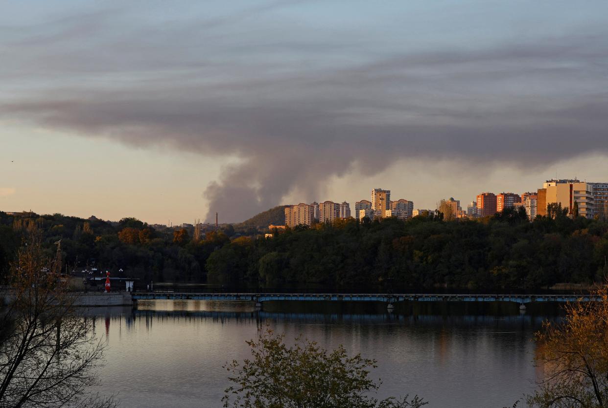 Smoke rises from the area in the direction of Avdiivka, as seen from Donetsk (REUTERS)