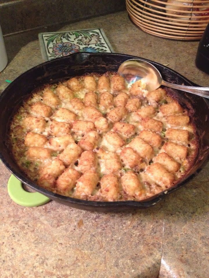 Tater tot casserole in a skillet