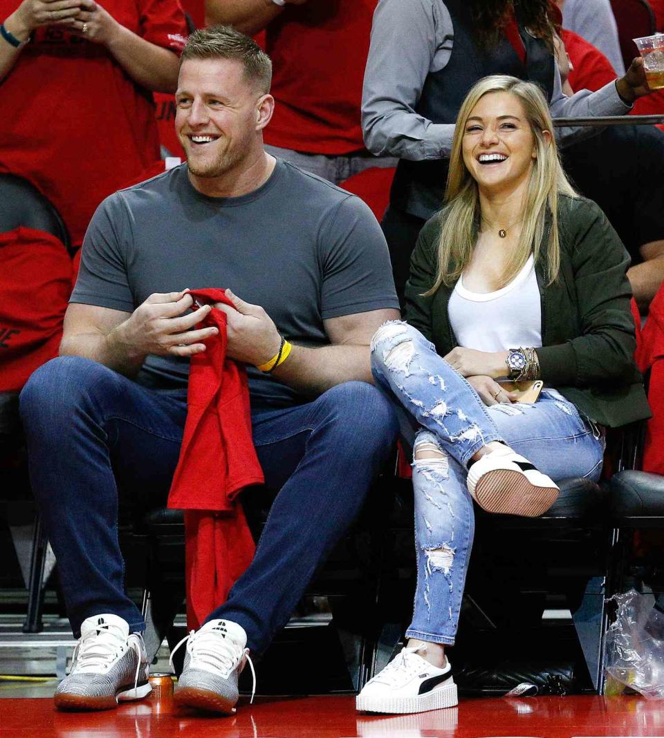 J.J. Watt of the Houston Texans and girlfriend Kealia Ohai of the Houston Dash court side during Game One of the first round of the Western Conference 2017 NBA Playoffs at Toyota Center on April 16, 2017 in Houston, Texas. NOTE TO USER: User expressly acknowledges and agrees that, by downloading and/or using this photograph, user is consenting to the terms and conditions of the Getty Images License Agreement