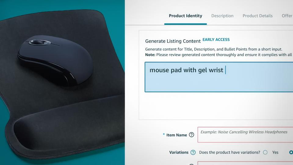 Amazon example picture of sellers using its new AI product listing tool. On the left is an image of a computer mouse, and on the right is the section where vendors fill out limited info and watch as AI turns it into a full product listing.