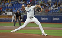 Tampa Bay Rays starting pitcher Zach Eflin pitches against the Los Angeles Angels during the first inning of a baseball game Monday, April 15, 2024, in St. Petersburg, Fla. (AP Photo/Steve Nesius)