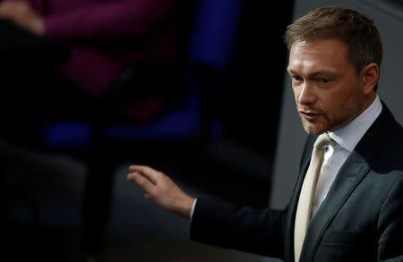 Free Democratic Party (FDP) leader Christian Lindner addresses the German lower house of parliament Bundestag in Berlin, Germany, February 22, 2018. REUTERS/Axel Schmidt