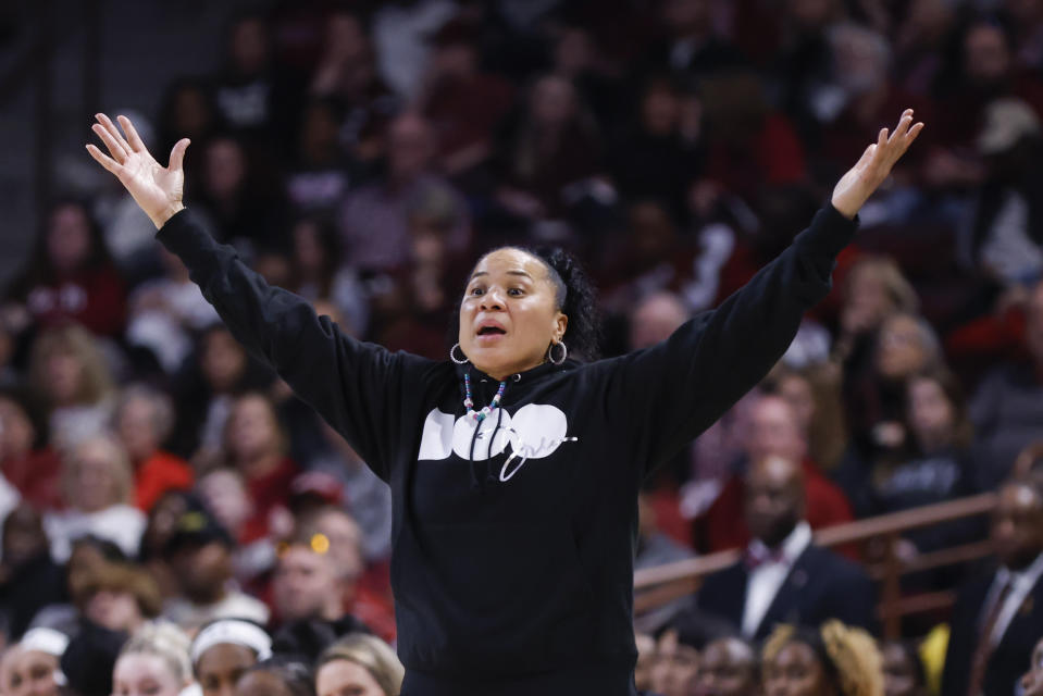 South Carolina head coach Dawn Staley reacts after a call during the second half of an NCAA college basketball game against Vanderbilt in Columbia, S.C., Sunday, Jan. 28, 2024. (AP Photo/Nell Redmond)