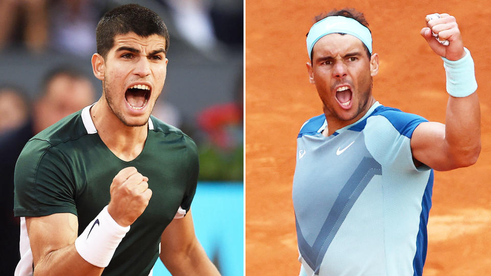 Pictured left to right Carlos Alcaraz and Rafa Nadal celebrate their wins at the Madrid Open.