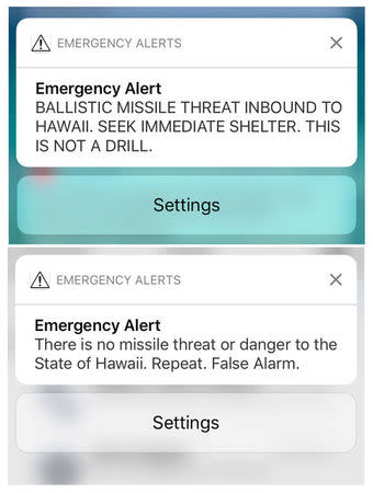 A combination photograph shows screenshots from a cell phone displaying an alert for a ballistic missile launch and the subsequent false alarm message in Hawaii January 13, 2018. REUTERS/Hugh Gentry