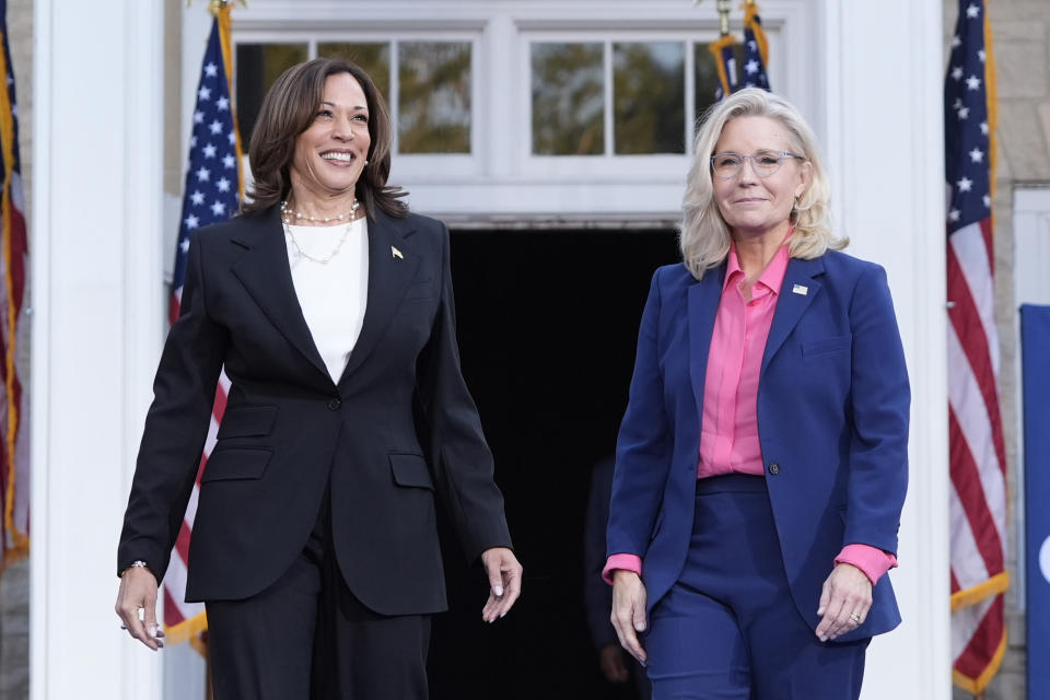 Vice President Kamala Harris, left, with former Wyoming Rep. Liz Cheney