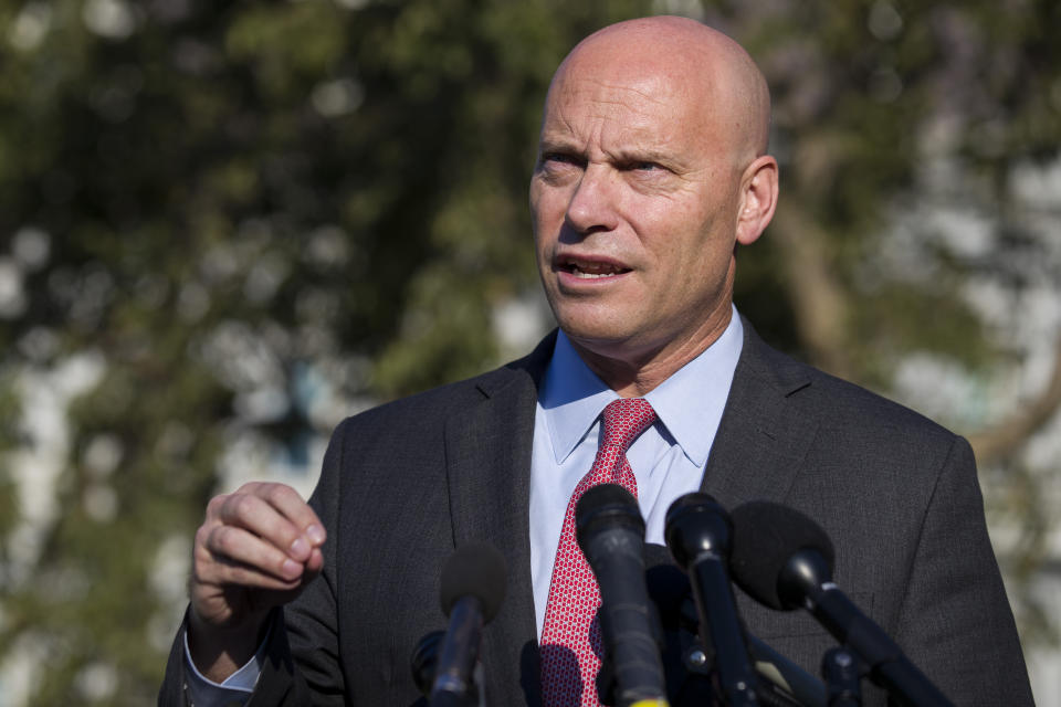 FILE - In this Monday, Sept. 16, 2019 file photo, Marc Short, chief of staff for Vice President Mike Pence, speaks with reporters at the White House in Washington. Vice President Mike Pence will maintain an aggressive campaign schedule this week the White House said Saturday, Oct. 24, 2020 despite his exposure to Marc Short, his chief of staff who tested positive for the coronavirus. (AP Photo/Alex Brandon, File)