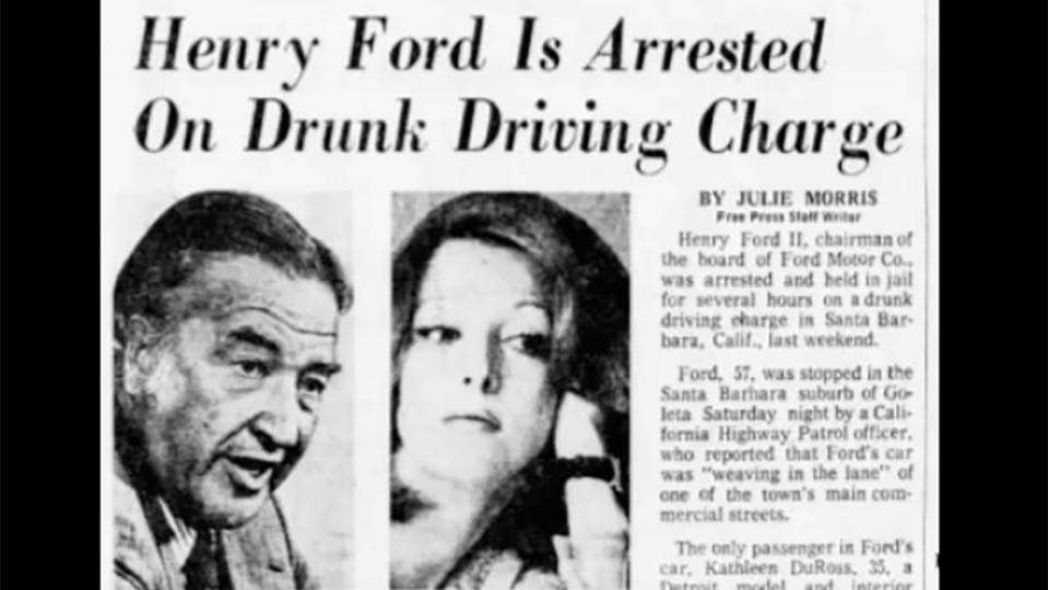 A news clip on Henry Ford II’s drunk driving charge in 1975. - Credit: Detroit Free Press