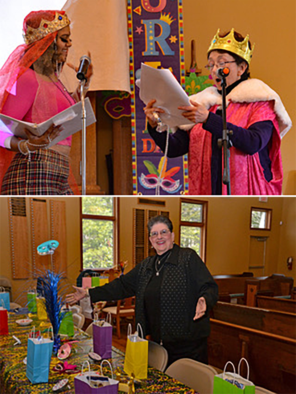 From top left: Alicia Gonzalez Morris and Carol Yates  particpate in B'Nai Harim's Purim Shpiel, directed by Honi Gruenberg. Bottom image: Norma Krasne Levine at B'nai Harim's Purim Party in March.