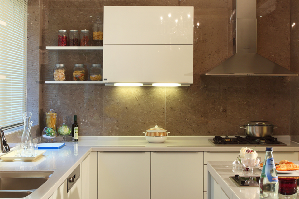 the under-cabinet lights lit up in a kitchen