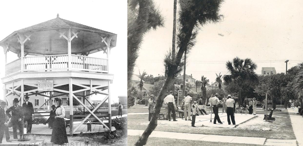 LEFT: People gather around the artesian well in Corpus Christi sometime in the early 1900s. The park, then known as Artesian Square, had a sign on the pavilion noting anyone found bathing themselves or any animal in the water would be fined between $5 and $25. RIGHT: People gathered to play shuffleboard in Artesian Park in October 1941. Photo by Doc McGregor.