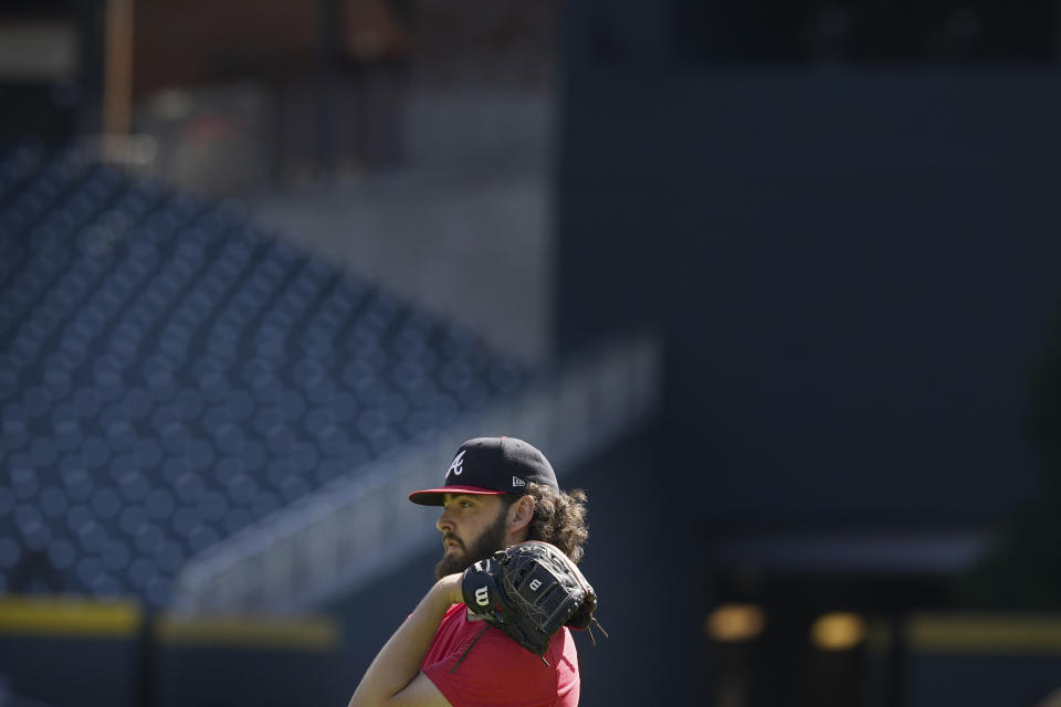 Atlanta Braves starting pitcher Ian Anderson (36) works out ahead of baseballs National League Championship Series against the Los Angeles Dodgers, Friday, Oct. 15, 2021, in Atlanta. (AP Photo/Brynn Anderson)