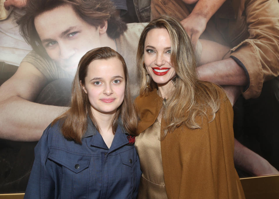 NEW YORK, NEW YORK - APRIL 11: Vivienne Jolie-Pitt and Angelina Jolie attend the opening night of "The Outsiders" at The Bernard B. Jacobs Theatre on April 11, 2024 in New York City. (Photo by Bruce Glikas/Getty Images)