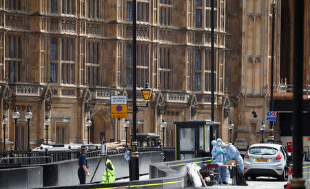 Forensic investigators work at the site after a car crashed outside the Houses of Parliament in Westminster, London. REUTERS/Hannah McKay