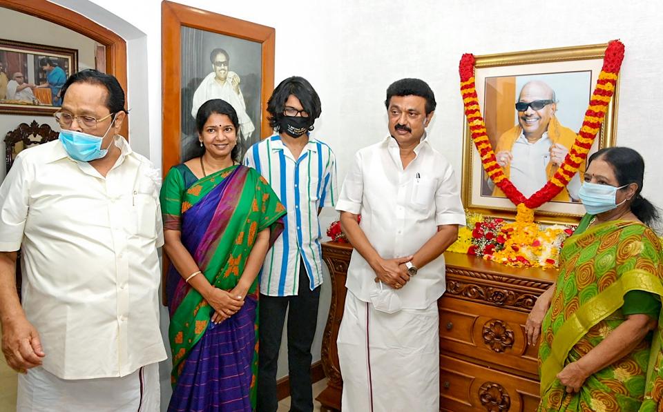 Tamil Nadu Chief Minister MK Stalin with his sister Kanimozhi Karunanidhi and other family members in Chennai on Friday.