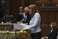 In this handout photo provided by UK Parliament, Shadow First Secretary Angela Rayner, speaks during Prime Minister's Questions in the House of Commons in London, Wednesday, Sept. 16, 2020. U.K. lawmakers have criticized the government’s handling of the COVID-19 testing crisis for a second day as opposition leaders say Prime Minister Boris Johnson lacked a cohesive plan to tackle the virus as the country faces a second wave in the pandemic. (Jessica Taylor/UK Parliament via AP)