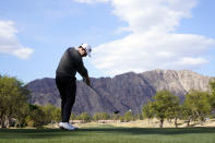 Patrick Cantlay hits from the third tee during the third round of the American Express golf tournament on the Pete Dye Stadium Course at PGA West Saturday, Jan. 22, 2022, in La Quinta, Calif. (AP Photo/Marcio Jose Sanchez)