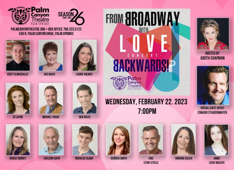 Flyer for Palm Canyon Theatre's production of "From Broadway With Love... Backwards."