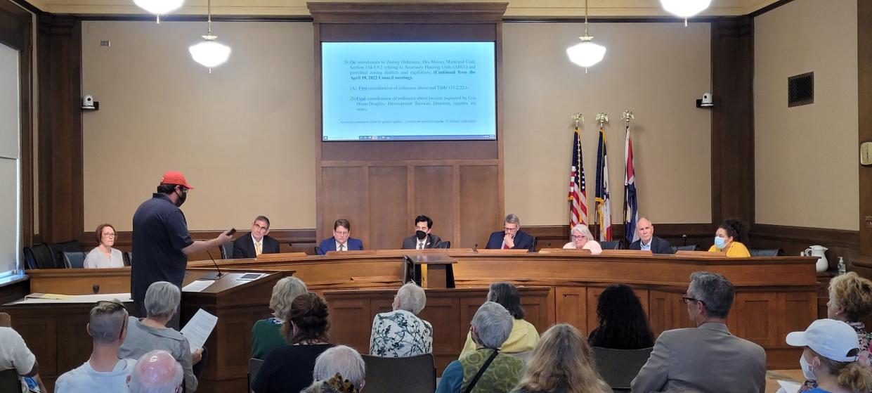 The Des Moines City Council hears residents chat about accessory dwelling units on Mon. May 9, 2022.