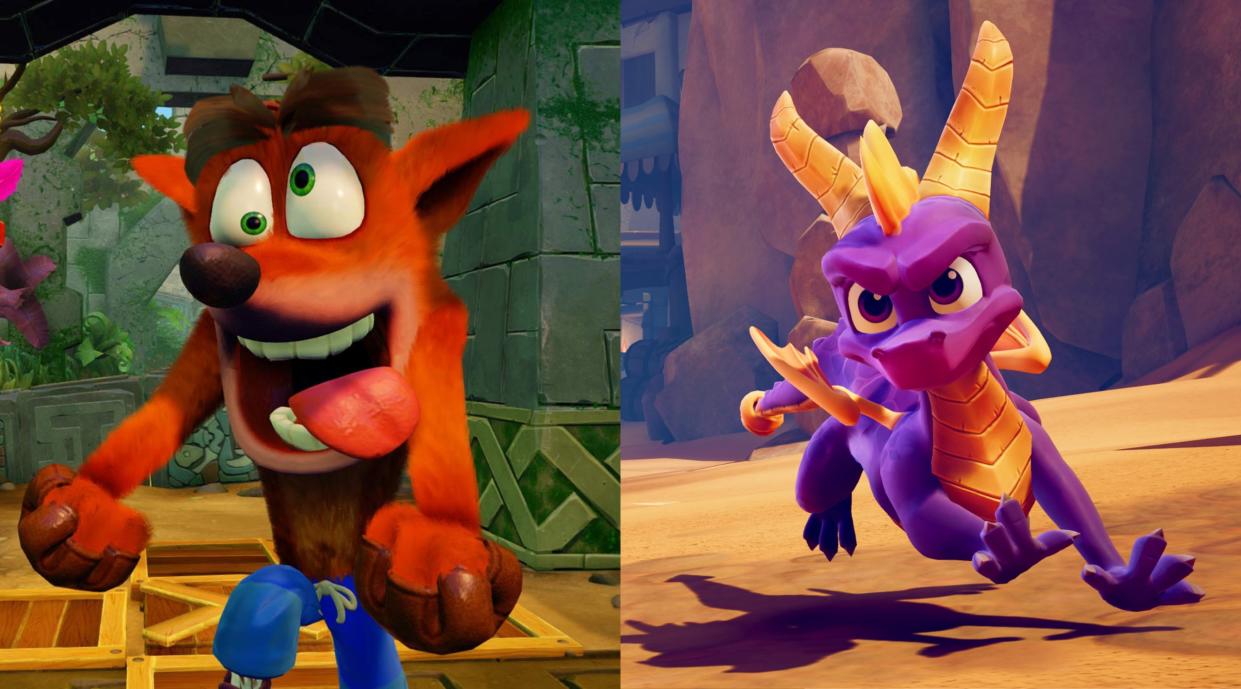  Split image with a goofy Crash Bandicoot (left) and a Spyro The Dragon running (right). 