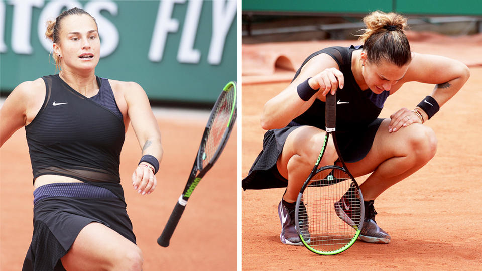 Third seed Aryna Sabalenka (pictured left) kicking her racquet and (pictured right) frustrated.