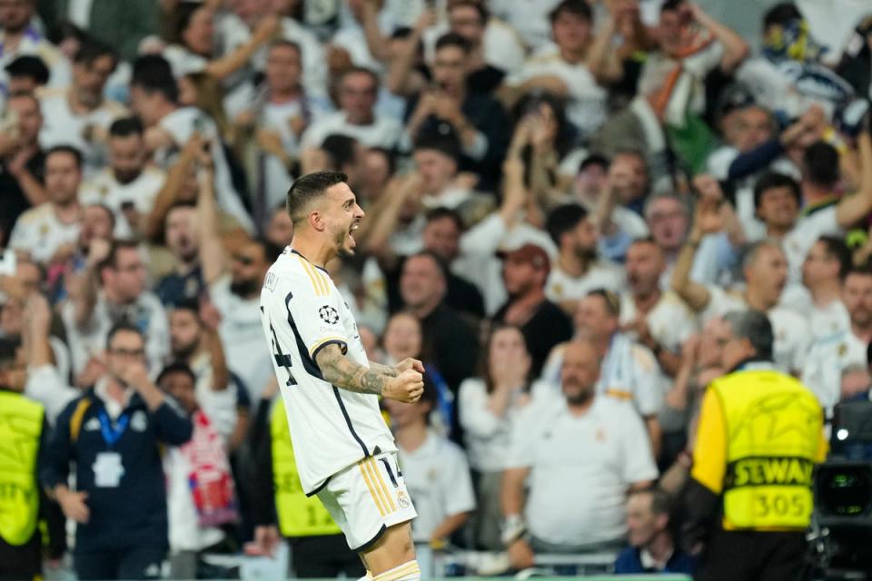 Joselu celebrates scoring Real Madrid’s late winner (AP)