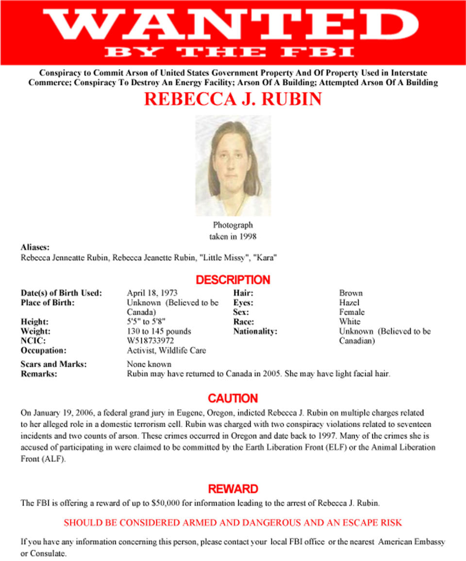 This undated wanted poster from the FBI shows Rebecca Rubin, who turned herself in to authorities on the Washington-Canada border on Thursday, Nov. 29. 2012. Authorities said Rubin is one of three remaining fugitives from a cell of the Earth Liberation Front known as The Family and based in Eugene, Ore. Ten others from the gorup have been convicted in a string of 20 arsons across the West from 1996 to 2001 that caused $40 million in damages. (AP Photo/FBI)