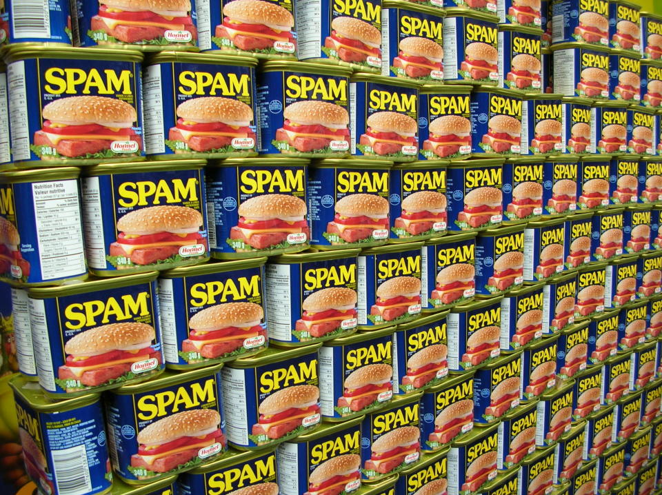 spam cans wall lots food supermarket