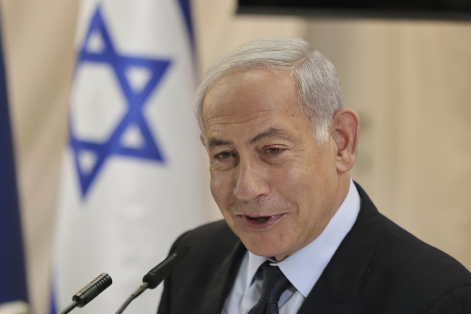 Israeli Prime Minister Benjamin Netanyahu speaks during a cabinet meeting in Sderot, Israel, Thursday, April 20, 2023. (Menahem Kahana/Pool Photo via AP)