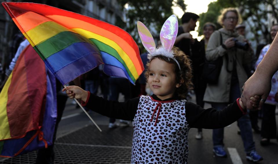 A girl holds a rainbow flag of the LGBT movement during the XXI Gay Pride parade at Mayo Square in Buenos Aires on November 10, 2012. AFP PHOTO/Alejandro PAGNI