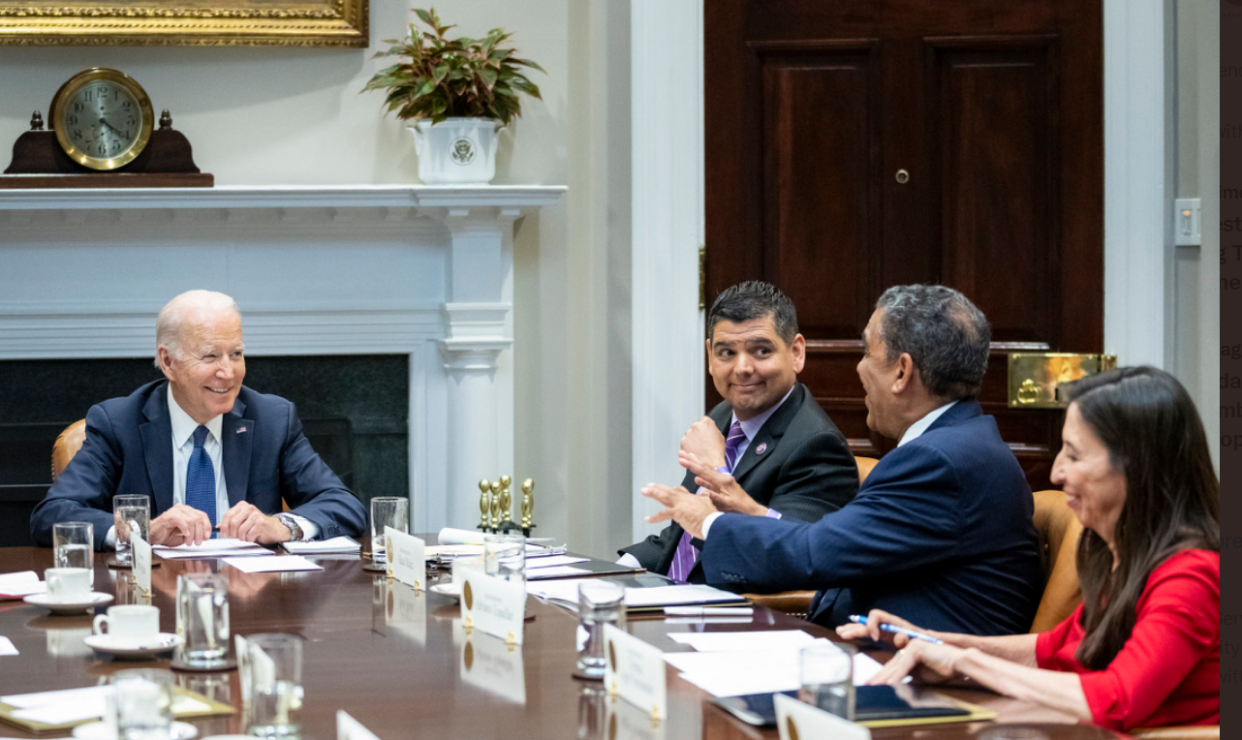 Congressman Raul Ruiz (center) looks on during a meeting between the Congressional Hispanic Caucus and President Joe Biden at the White House on Monday, April 25, 2022.